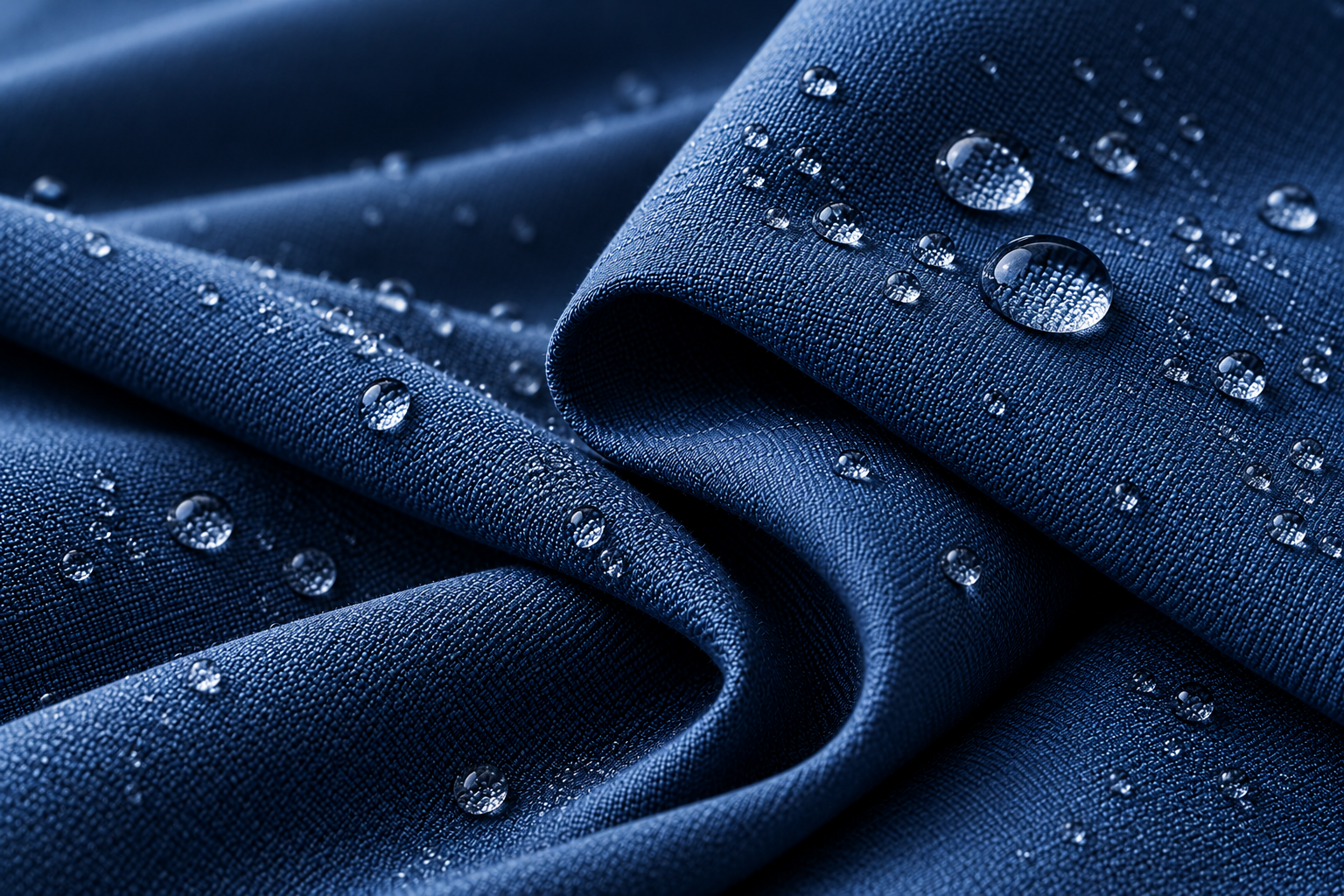 Blue water-repellent fabric with droplets